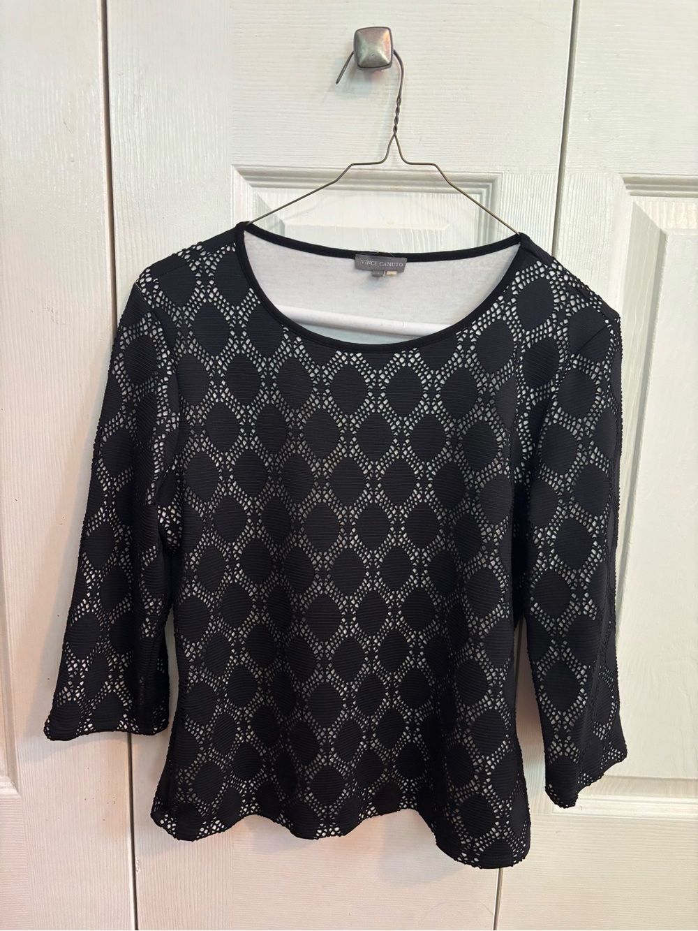 Vince Camuto Black Openwork Geometric Three-Quarter Sleeve Top